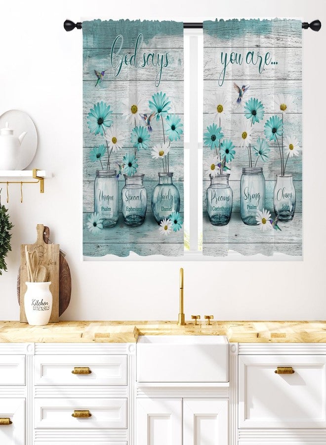 Coxila Teal Floral Kitchen Window Curtains 27.5 x 39 Inch Small Short Mini Cafe Rod Pocket Turquoise Aqua Flower White Daisy Fun Living Bedroom Room Home Treatment Set of 2 Curtain Panels Drapes Tiers - Image 1